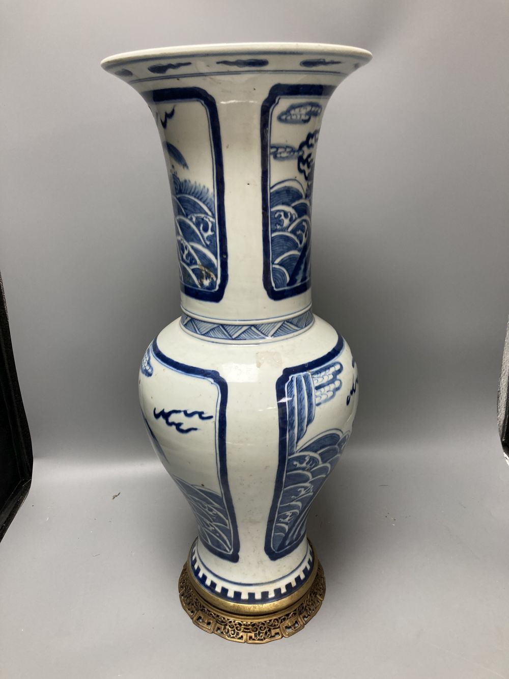 A large Chinese blue and white yen-yen vase with ormolu mounts, 54.5cm